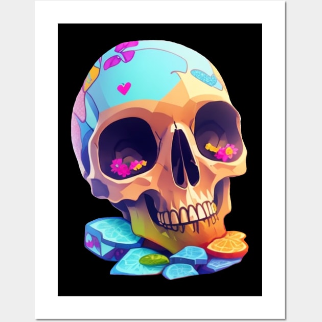 Colorful Flowers Skull with Love Wall Art by Pixelate Cat